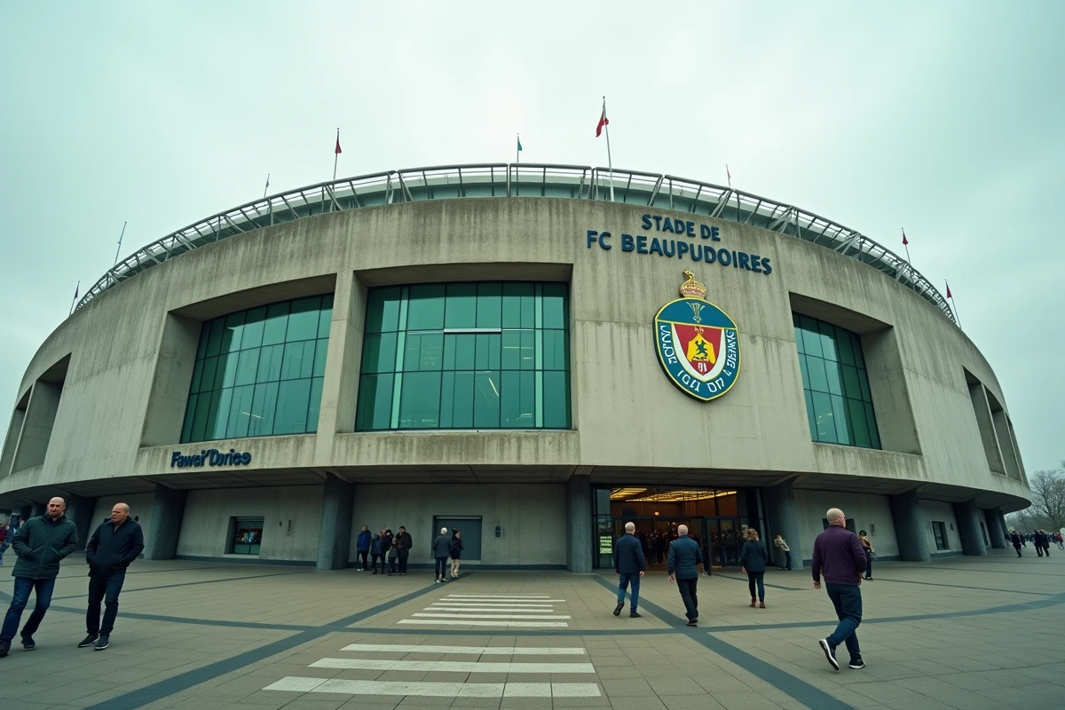 Vue extérieure du Stade de la Beaujoire à Nantes avec des agents footballistiques devant l'entrée principale pendant le mercato