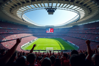 Stade moderne en France avec fans et écran calendrier Ligue 1