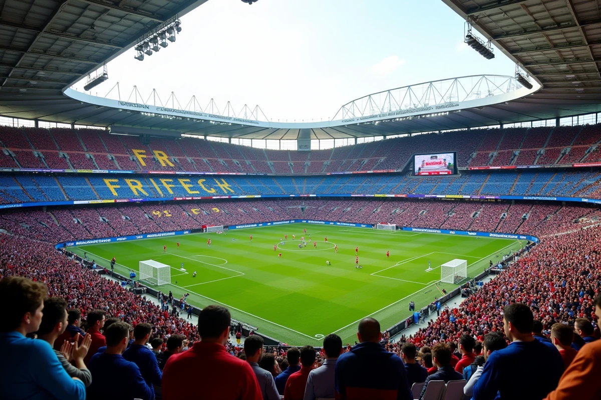 Stade de football français plein de supporters lors d'un match de Ligue 1 avec panneaux publicitaires