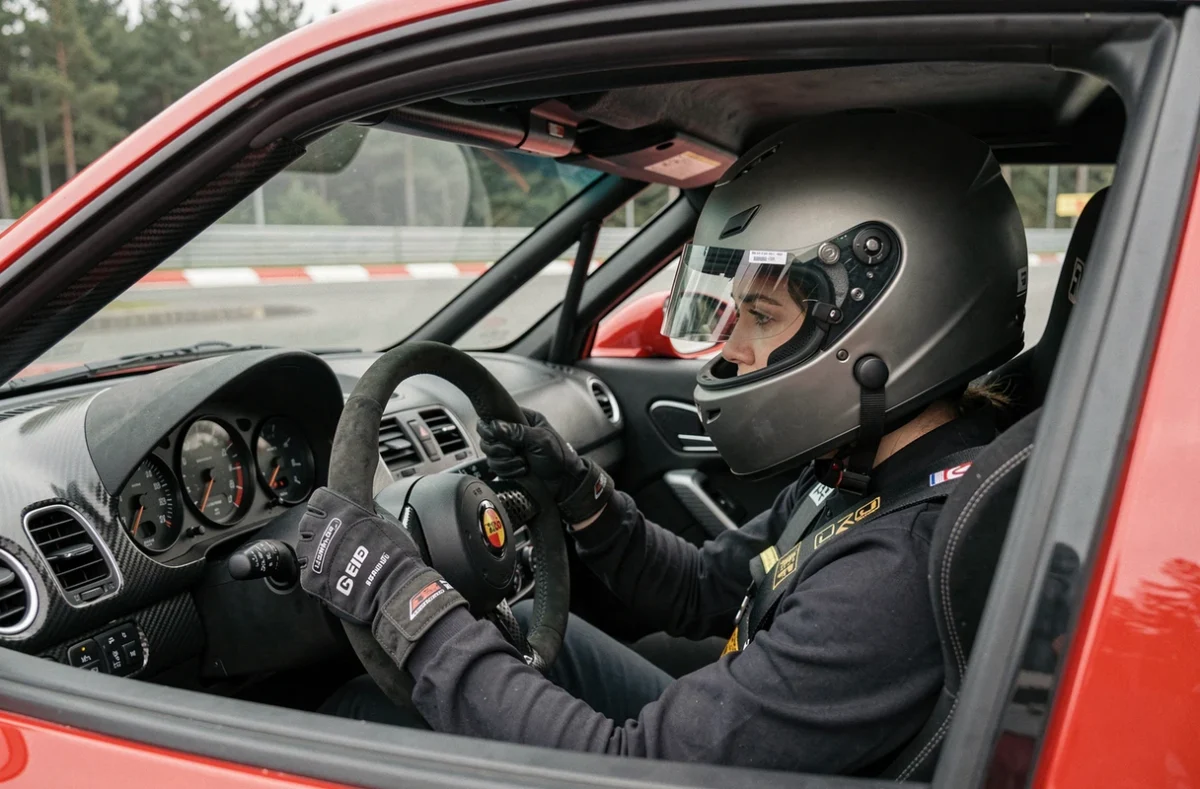 Femme stagiaire concentrée au volant d'une voiture de sport lors d'un stage de pilotage sur circuit automobile