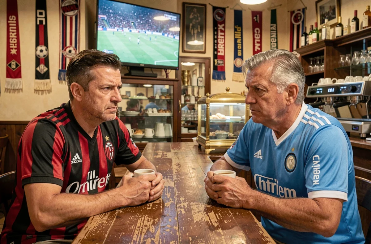 Deux supporters rivaux Milan AC et Inter Milan regardant le derby dans un bar milanais traditionnel