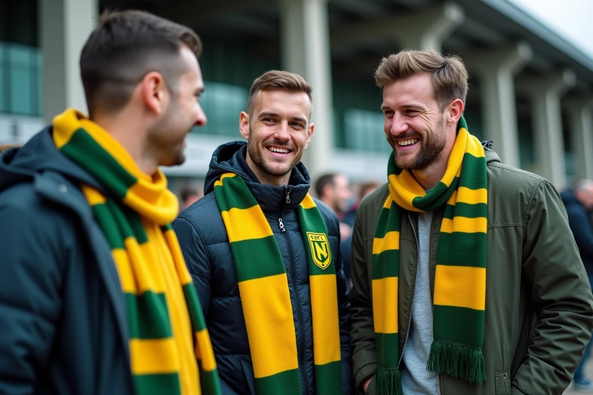 Supporters du FC Nantes rassemblés devant le Stade de la Beaujoire, discutant des rumeurs de transfert avec espoir et inquiétude