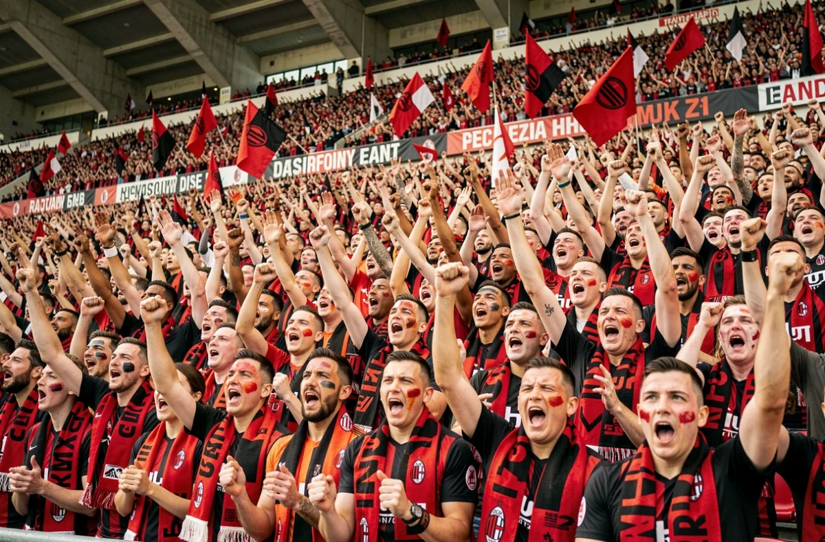 Supporters du Milan AC en rouge et noir dans les tribunes de San Siro lors du derby milanais