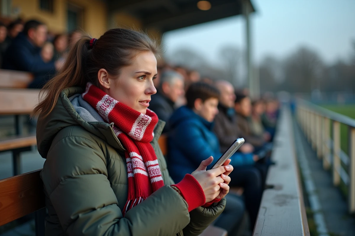 Supportrice consultant les résultats en direct sur smartphone dans les tribunes d'un stade de football départemental en Essonne