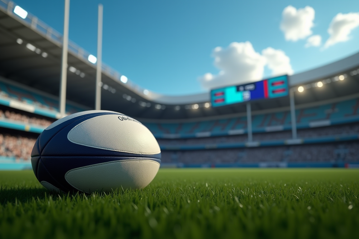 Tableau de score rugby avec ballon sur gazon vert