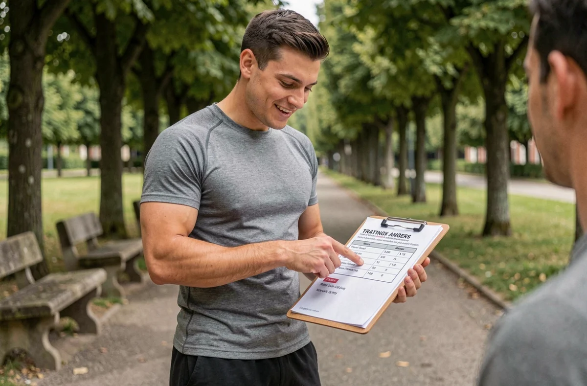 Théo, jeune coach sportif à Angers, expliquant un programme d'entraînement à un client dans un parc