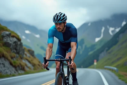 Cycliste professionnel Torstein Træen en position aérodynamique sur une route alpine sinueuse avec montagnes enneigées en arrière-plan