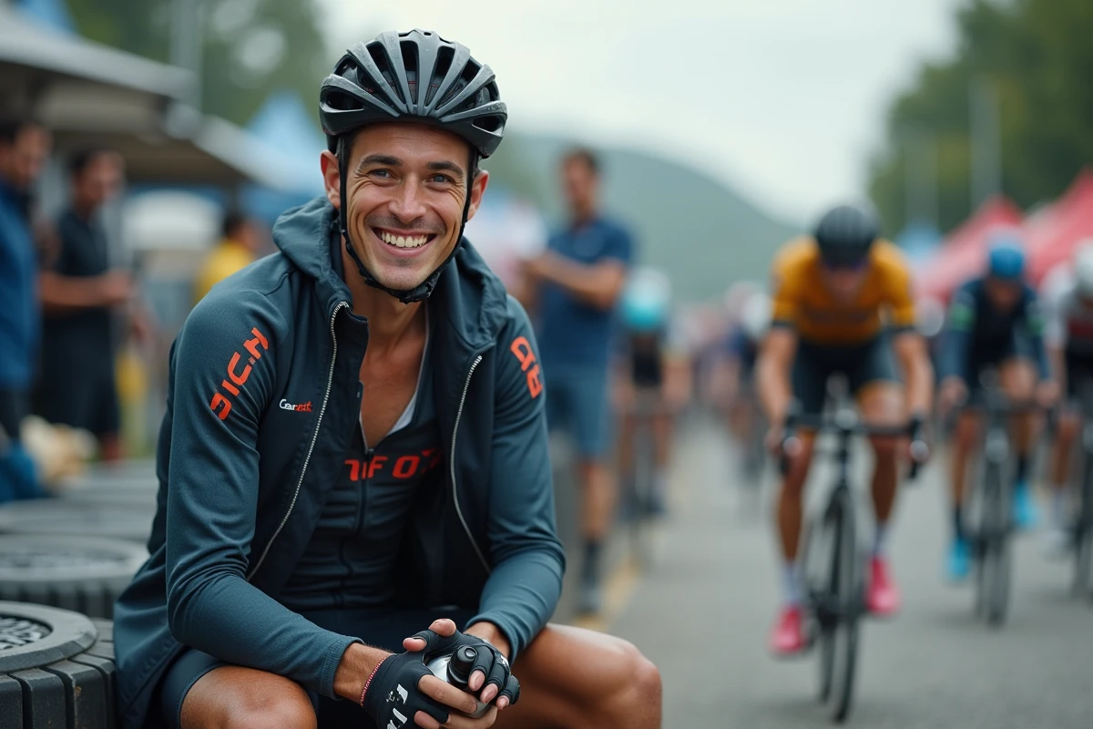 Torstein Træen cycliste professionnel en phase de récupération après une course, assis près des véhicules de l'équipe dans une zone d'arrivée