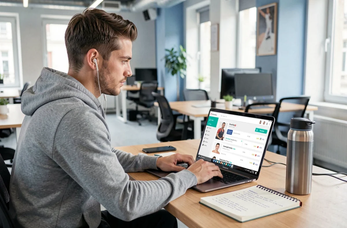 Utilisateur consultant la plateforme de coaching sportif TrainMe sur un ordinateur portable dans un espace de coworking à Lyon