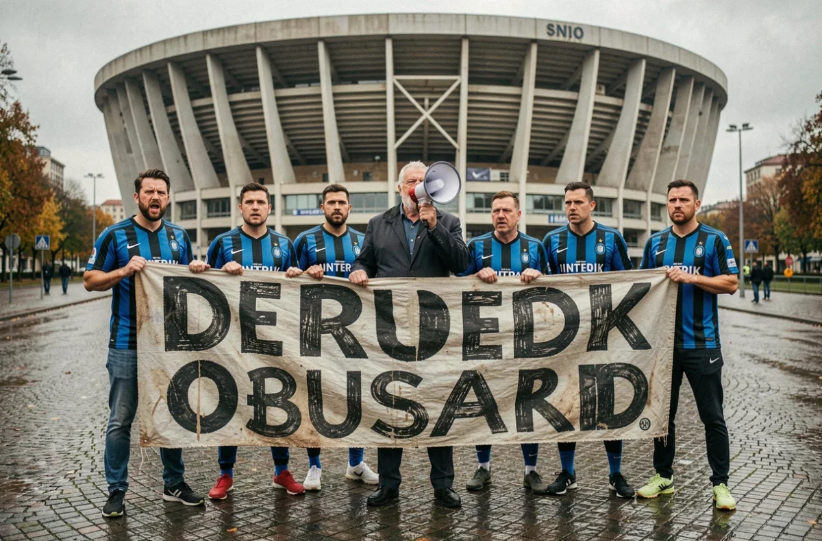 Ultras de l'Inter Milan tenant un tifo devant le stade San Siro avant le derby