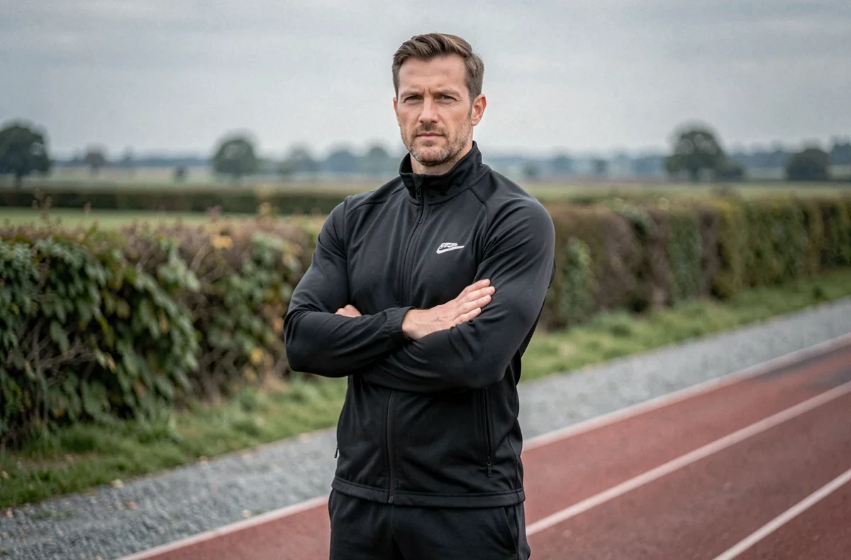 Vincent Brindeau, coach sportif en Sarthe, debout sur une piste de sport extérieure avec un paysage rural en arrière-plan