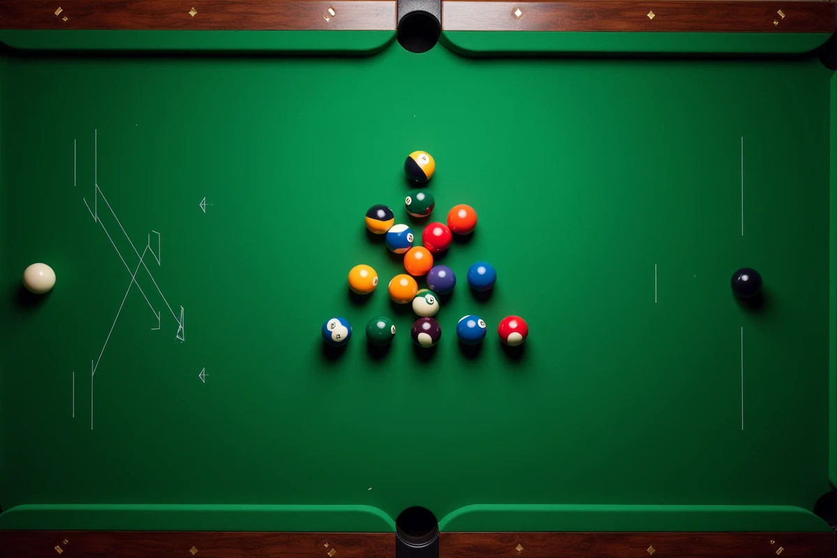 Vue aérienne d'un billard avec disposition des billes et repères en diamant sur les bandes pour le placement stratégique