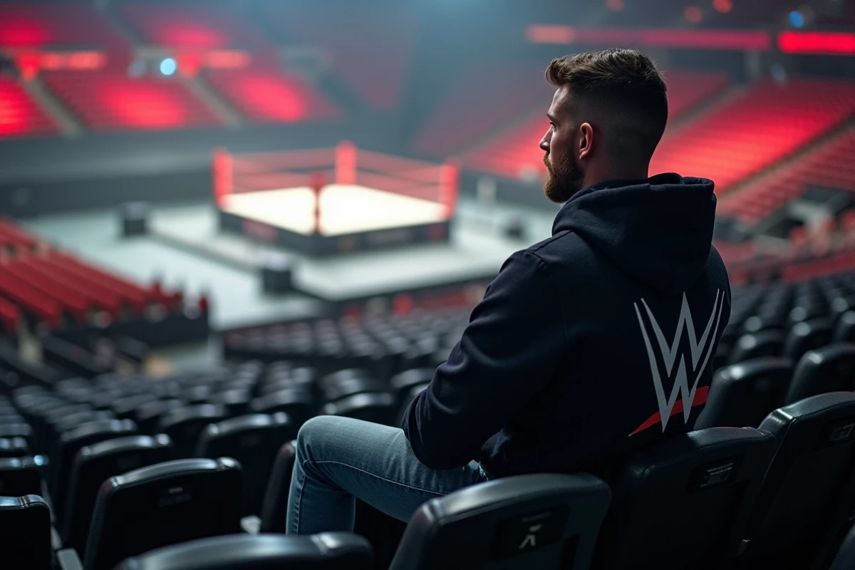 Fan assis seul dans une arene WWE vide contemplant le ring