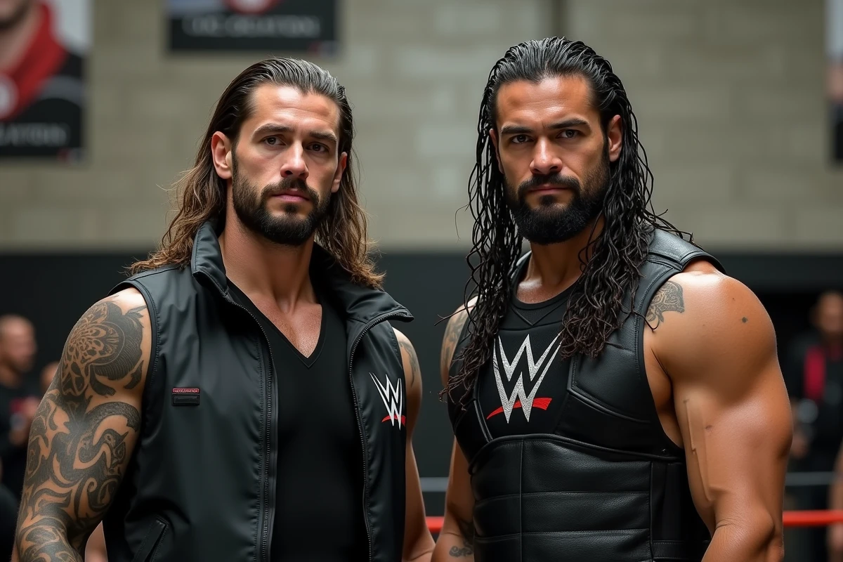 Roman Reigns et Seth Rollins en backstage dans une arene WWE