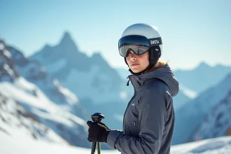 Jeune skieuse au sommet d'une piste alpine, casque et veste de sport, regard concentré sur la montagne enneigée